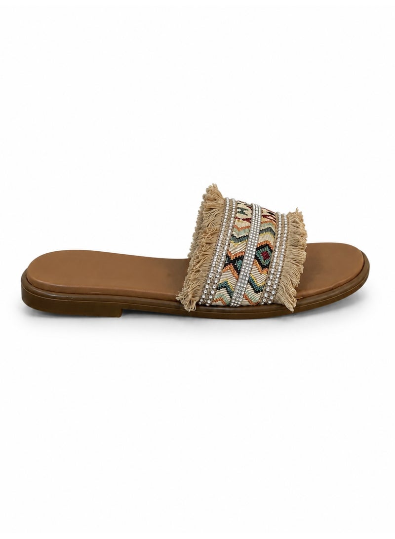 LIFESTYLISH Slippers Flat Leather With Fringed SL-242 - Beige - Image 4