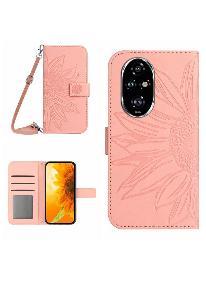 جرين تايجر حافظة هاتف جلدية لهاتف Honor 200 Pro 5G Global Skin Feel نمط زهرة الشمس مع حبل (وردي)