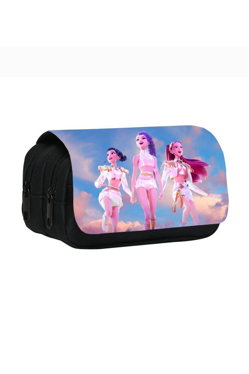 عام حقيبة أقلام مزدوجة الطبقات مطبوعة بشخصيات فرقة «Demon Hunters» الكيبوب، صُمّمت لتلبية احتياجات الطالب اليومية في تخزين الأدوات المدرسية. - Image 1