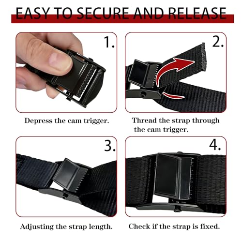 Clay&Fire Lashing Straps with Buckles, 4Pack, 1 Inch × 5 Feet, Cargo Tie-Down Strap, Adjustable Cam Buckle Straps for Storage Luggage Trucks,Trailer,Motorcycle (4 Pack Black，1"*5) - Image 4