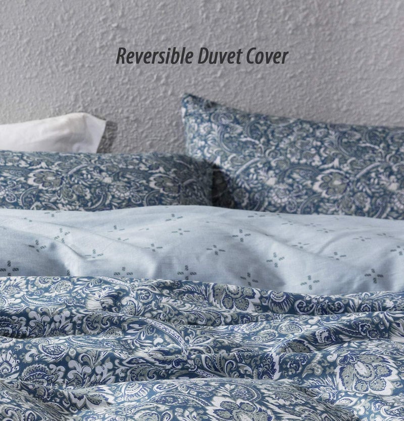 SLEEPBELLA Duvet Cover King, 600 Thread Count Cotton Blue & Green Paisley Floral Pattern Reversible Comforter Cover - Image 3