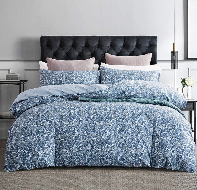 SLEEPBELLA Duvet Cover King, 600 Thread Count Cotton Blue & Green Paisley Floral Pattern Reversible Comforter Cover - Image 2
