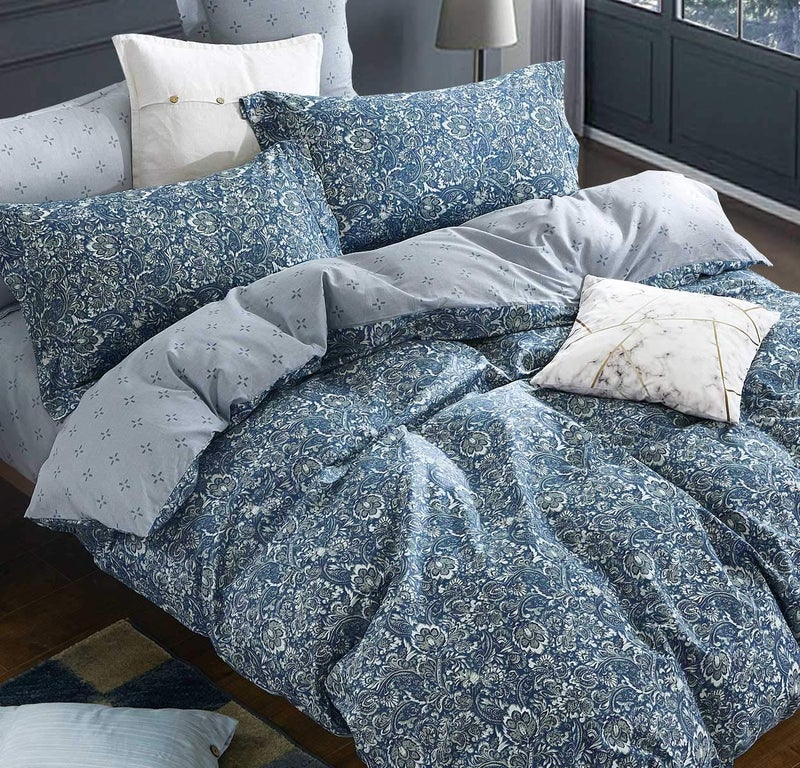 SLEEPBELLA Duvet Cover King, 600 Thread Count Cotton Blue & Green Paisley Floral Pattern Reversible Comforter Cover - Image 1