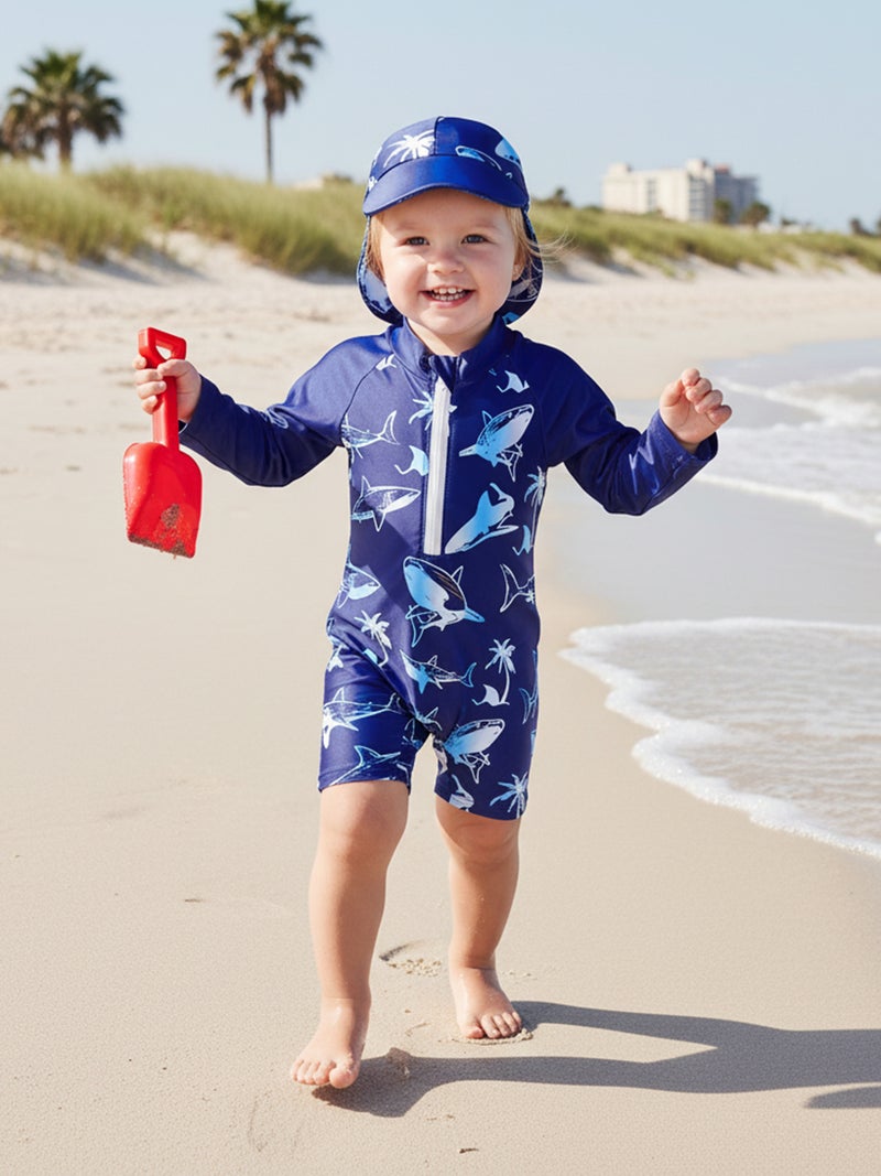 Toddler Baby Rash Guard Swimsuit Cute Shark Print Zipper Long Sleeve Bathing Suit with Swim Cap - Image 4