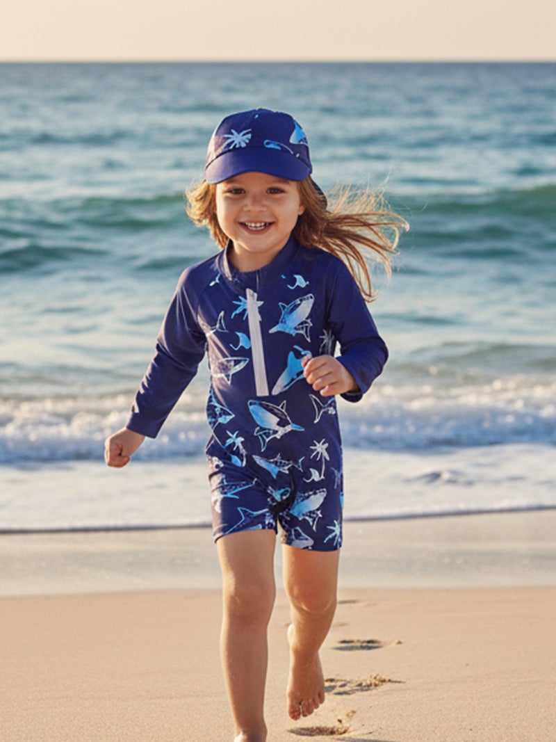 Toddler Baby Rash Guard Swimsuit Cute Shark Print Zipper Long Sleeve Bathing Suit with Swim Cap - Image 1