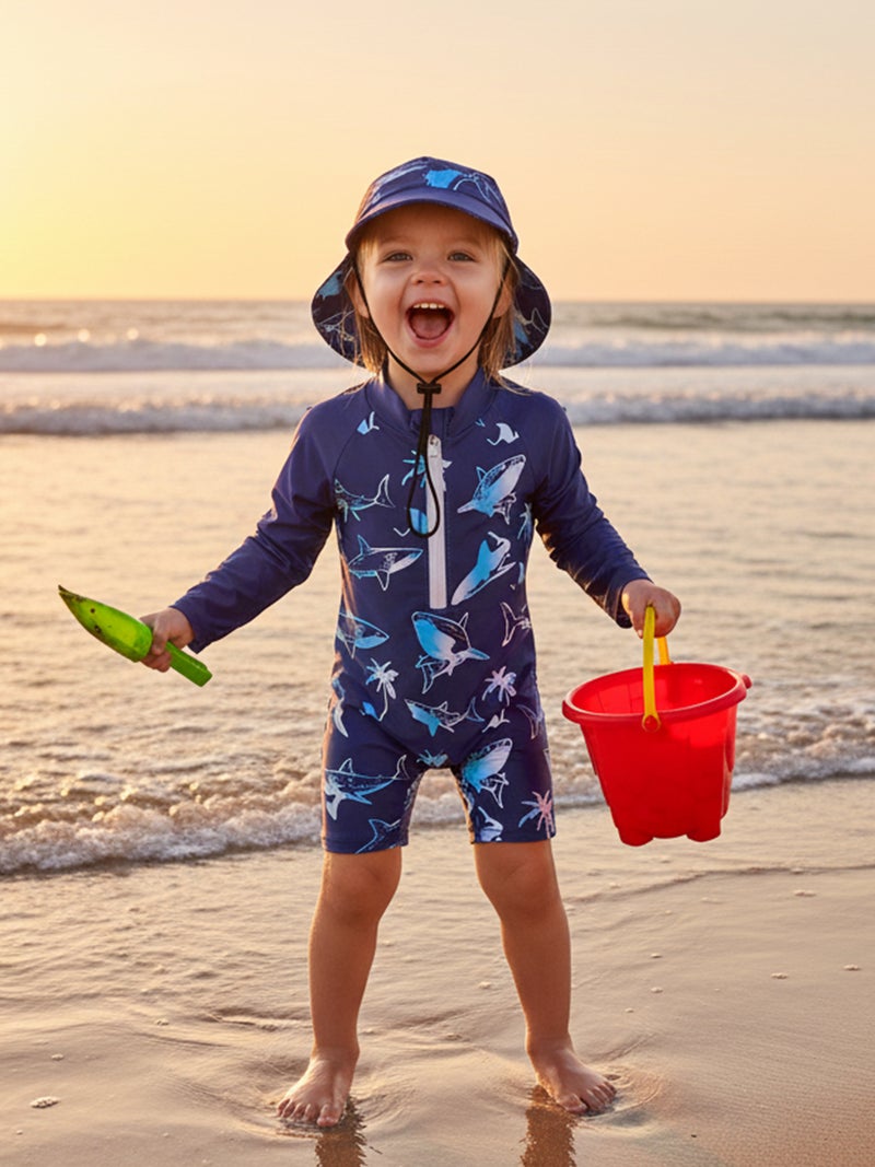 Toddler Baby Rash Guard Swimsuit Cute Shark Print Zipper Long Sleeve Bathing Suit with Swim Cap - Image 2