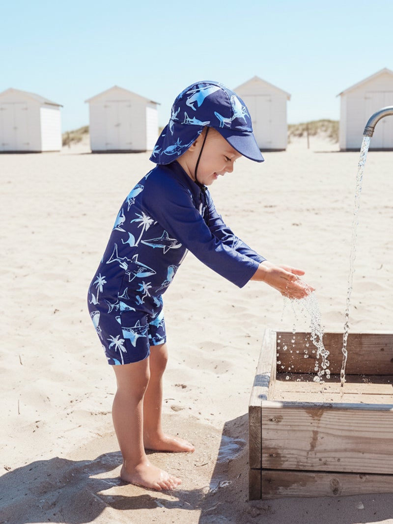 Toddler Baby Rash Guard Swimsuit Cute Shark Print Zipper Long Sleeve Bathing Suit with Swim Cap - Image 3
