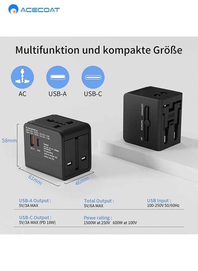 ACECOAT Universal Power Adapter, International Plug Adaptor with 2 USB Ports PD 18W Fast Charging (1 USB 1 Type-C) All in One Worldwide International Wall Charger AC Plug Adaptor,for USA EU UK AUS, Black  - Image 5