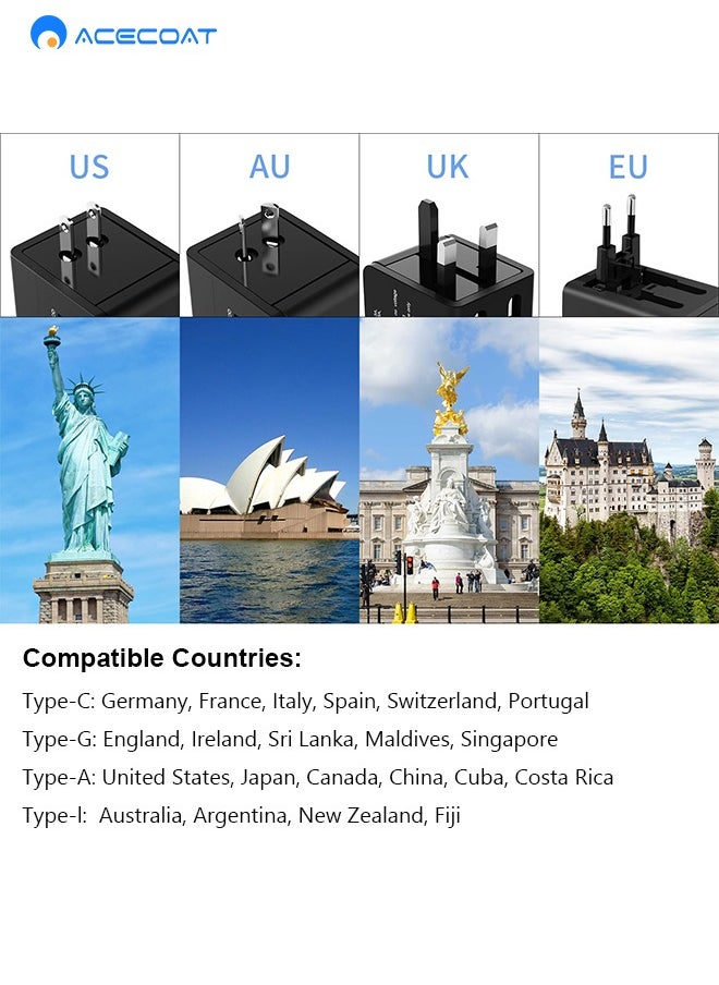 ACECOAT Universal Power Adapter, International Plug Adaptor with 2 USB Ports PD 18W Fast Charging (1 USB 1 Type-C) All in One Worldwide International Wall Charger AC Plug Adaptor,for USA EU UK AUS, Black  - Image 2