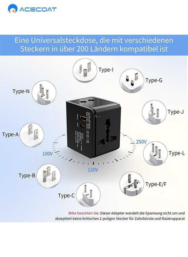 ACECOAT Universal Power Adapter, International Plug Adaptor with 2 USB Ports PD 18W Fast Charging (1 USB 1 Type-C) All in One Worldwide International Wall Charger AC Plug Adaptor,for USA EU UK AUS, Black  - Image 3