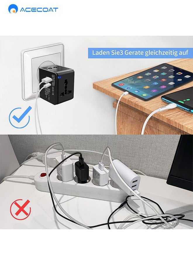 ACECOAT Universal Power Adapter, International Plug Adaptor with 2 USB Ports PD 18W Fast Charging (1 USB 1 Type-C) All in One Worldwide International Wall Charger AC Plug Adaptor,for USA EU UK AUS, Black  - Image 4
