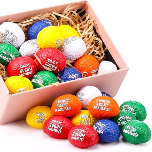 Poen 30 Pack Brain Stress Balls Bulk 16 Inch Motivational Stress Balls Inspirational Quotes Small Anxiety PU Exercise Pressure Toys for Relief Encouraging Mini - Image 1
