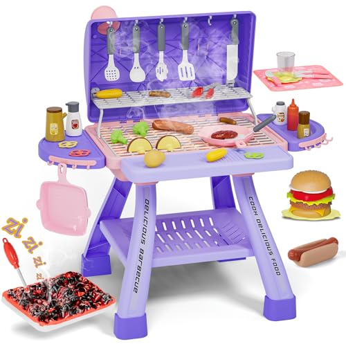 maysida New Upgraded Kids BBQ Grill Playset with Smoke SoundLight Toy Grill for Girls Pretend Food Hamburger Kitchen Barbecue Toy Game Christmas Birthday Gift for 35 Kids Pink Purple - Image 1
