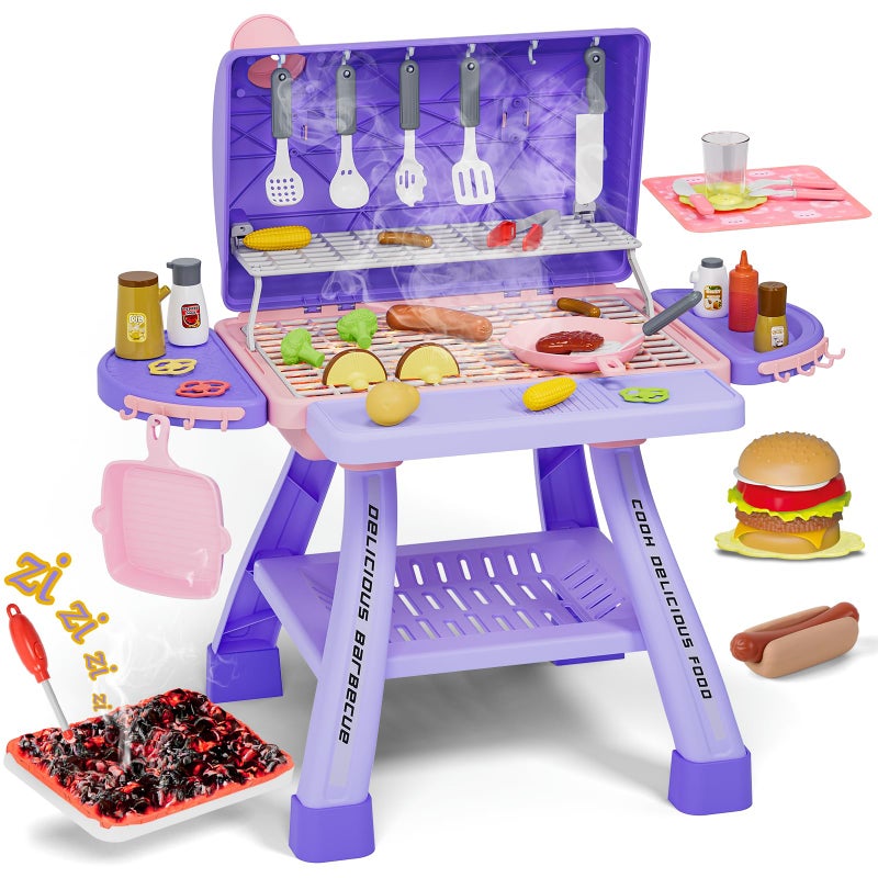maysida New Upgraded Kids BBQ Grill Playset with Smoke SoundLight Toy Grill for Girls Pretend Food Hamburger Kitchen Barbecue Toy Game Christmas Birthday Gift for 35 Kids Pink Purple - Image 3