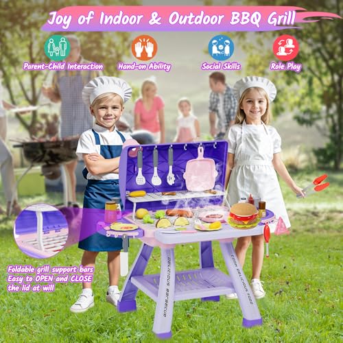 maysida New Upgraded Kids BBQ Grill Playset with Smoke SoundLight Toy Grill for Girls Pretend Food Hamburger Kitchen Barbecue Toy Game Christmas Birthday Gift for 35 Kids Pink Purple - Image 5