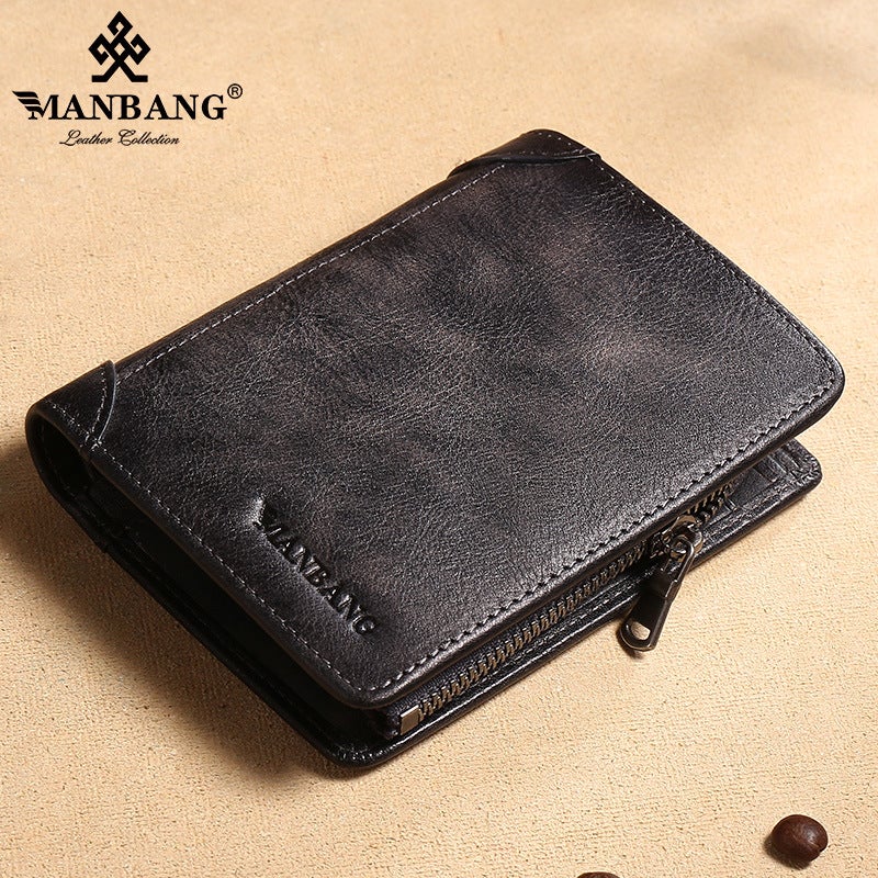 Mens Genuine Leather Wallet Coin Pouch Zipper Card Holder MBQ1767BLH Blue Gray