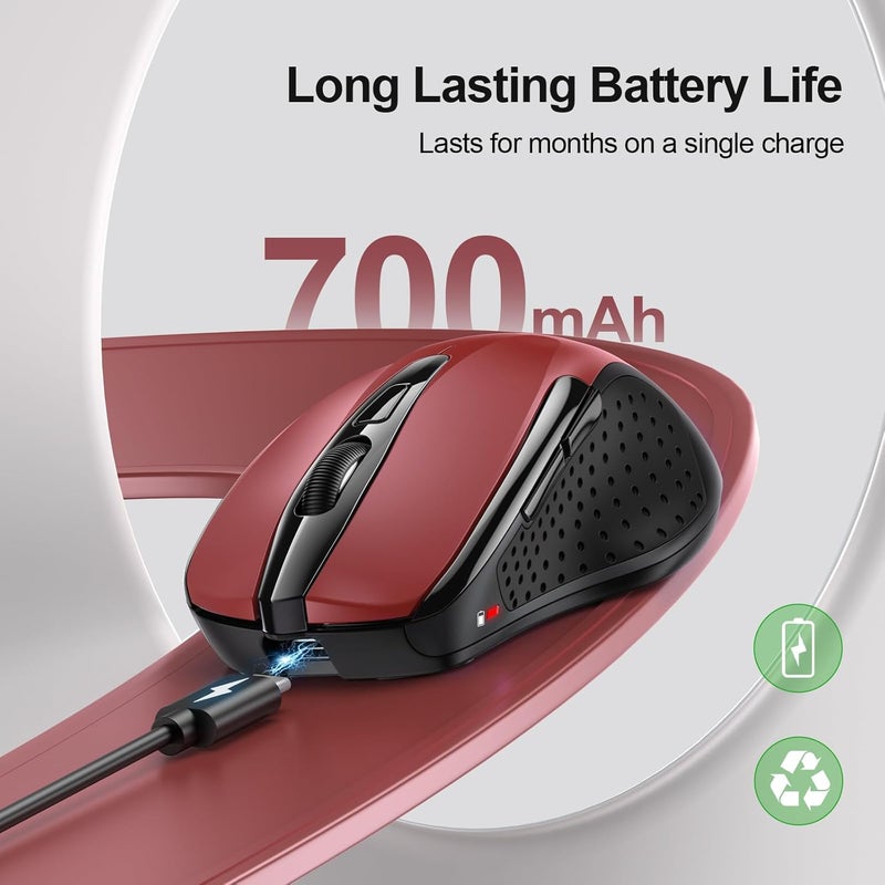 TECKNET Wireless Mouse (BT5.0/3.0 & 2.4G) Rechargeable 4800 DPI Silent USB A & Bluetooth Mouse 6 Buttons, Wide Compatibility - Red - Image 4