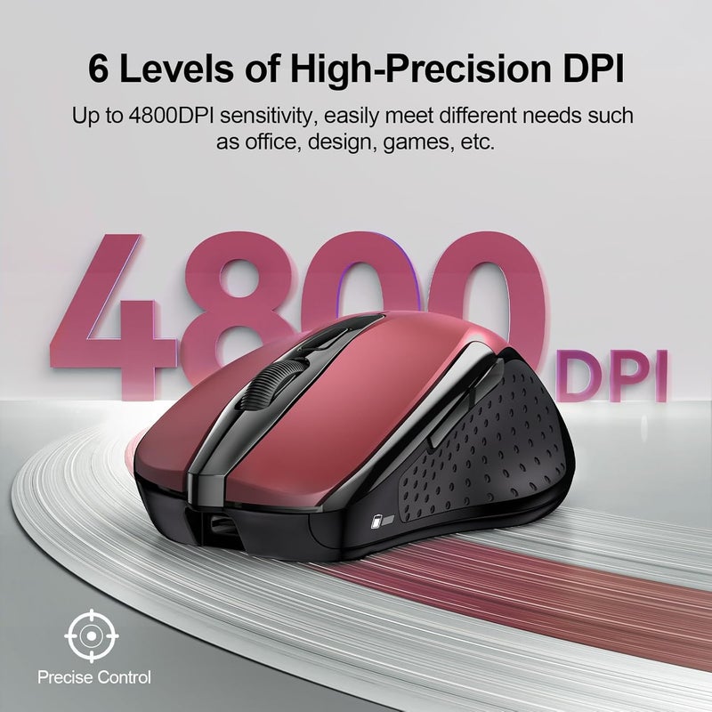TECKNET Wireless Mouse (BT5.0/3.0 & 2.4G) Rechargeable 4800 DPI Silent USB A & Bluetooth Mouse 6 Buttons, Wide Compatibility - Red - Image 3