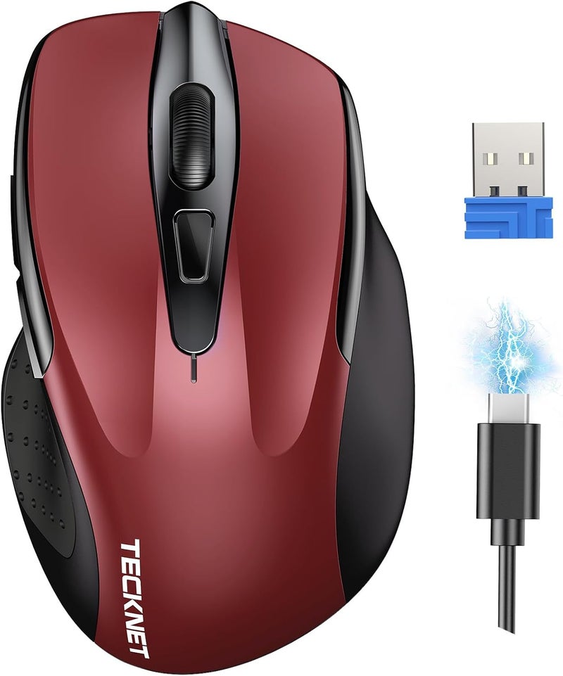 TECKNET Wireless Mouse (BT5.0/3.0 & 2.4G) Rechargeable 4800 DPI Silent USB A & Bluetooth Mouse 6 Buttons, Wide Compatibility - Red - Image 1