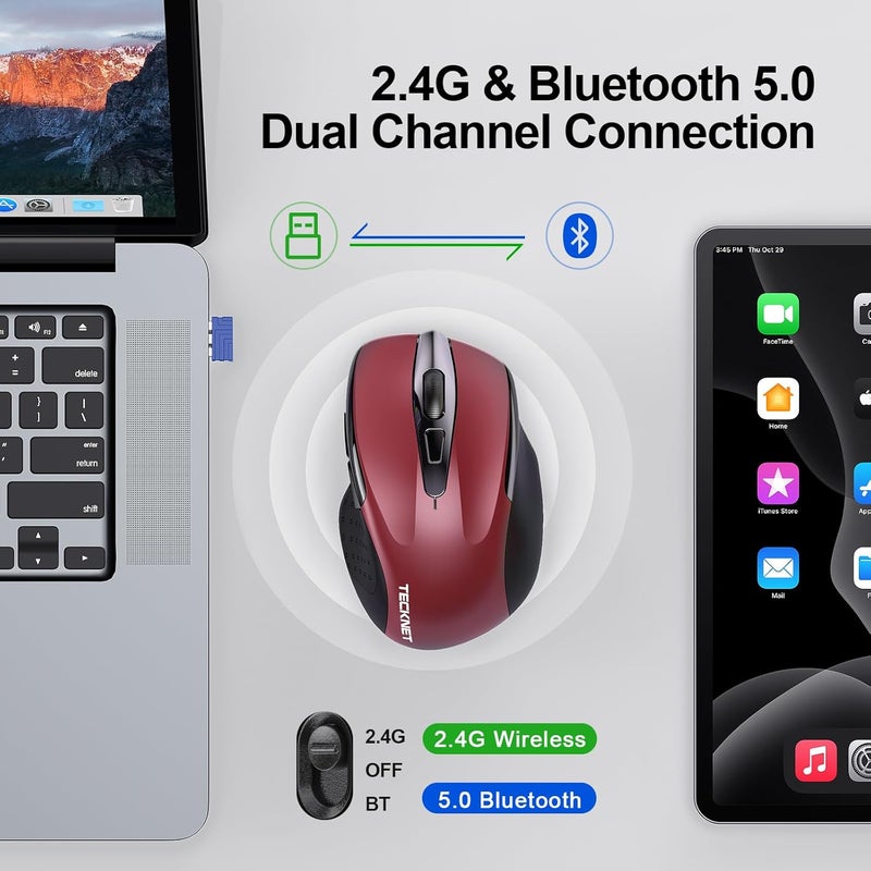 TECKNET Wireless Mouse (BT5.0/3.0 & 2.4G) Rechargeable 4800 DPI Silent USB A & Bluetooth Mouse 6 Buttons, Wide Compatibility - Red - Image 5