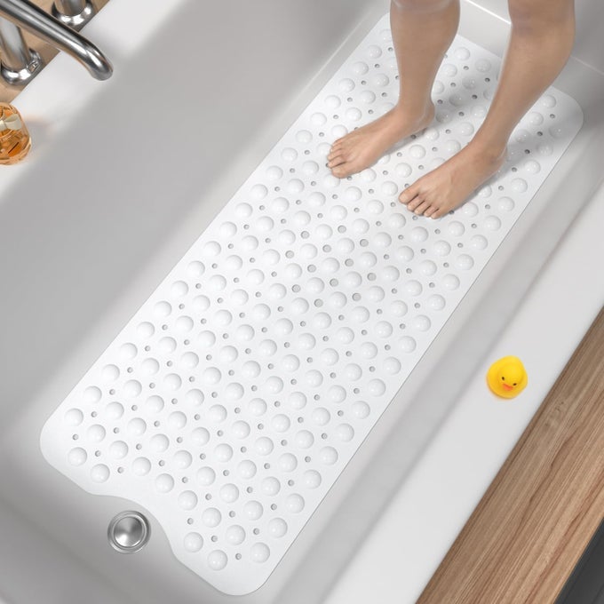 NON SLIP BATH MAT FOR TUB 101 X 40CM EXTRA LONG SHOWER MAT ANTI MOULD MACHINE WASHABLE BATHROOM BATHTUB MAT WITH SUCTION CUPS AND DRAIN HOLES SOFT ON FEET WHITE