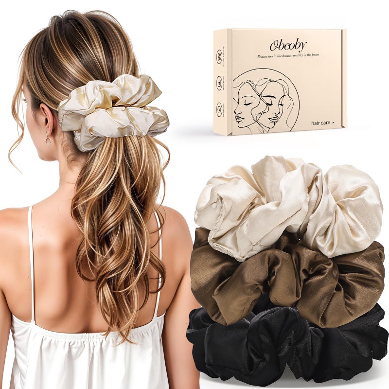 obeoby 3Pcs Large Satin Hair Scrunchies, 6Inch Pillow Satin Scrunchies for Thick Curls Gifts for New Mom No Damage Sleepy Hair Tie - Image 1