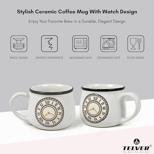 TELVER Ceramic Tea Cups Set of 6 Small Coffee Chai Serving Cup Micorwave & Dishwasher Safe Gifts for Anniversary Friends Sister Birthday Special Marriage Ceremony 150Ml (White Watch Printed) - Image 3