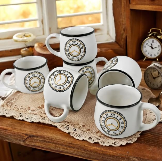TELVER Ceramic Tea Cups Set of 6 Small Coffee Chai Serving Cup Micorwave & Dishwasher Safe Gifts for Anniversary Friends Sister Birthday Special Marriage Ceremony 150Ml (White Watch Printed) - Image 1