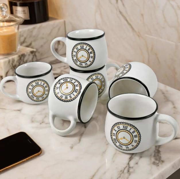 TELVER Ceramic Tea Cups Set of 6 Small Coffee Chai Serving Cup Micorwave & Dishwasher Safe Gifts for Anniversary Friends Sister Birthday Special Marriage Ceremony 150Ml (White Watch Printed) - Image 4