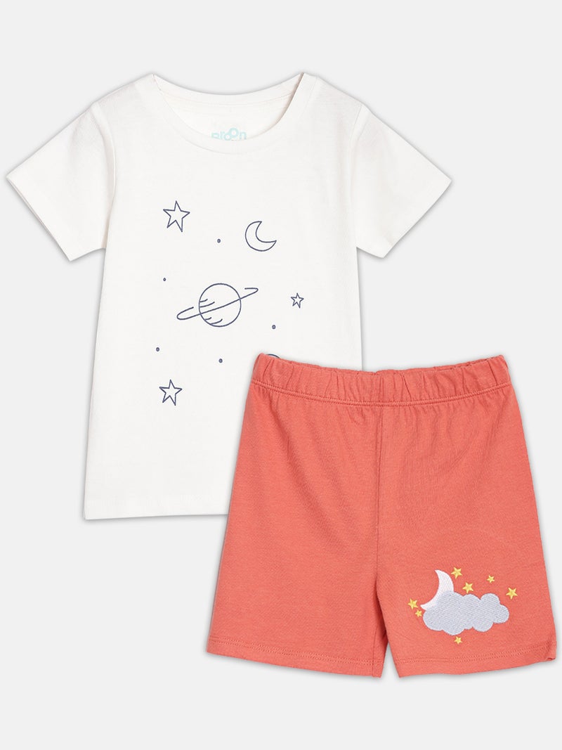 Broon Infant Boys White and Orange Printed Organic Cotton T-shirt with Shorts Set - Image 1