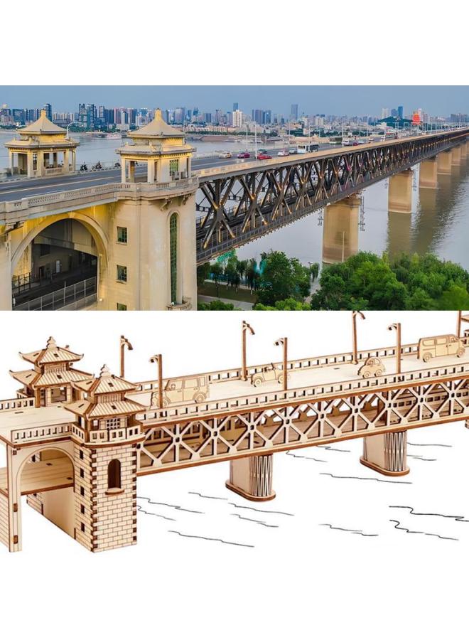 Wuhan Yangtze River Bridge Wooden 3D Stereo Assembled Bridge Building Model Wooden Children's Toys-Color:Wuhan Yangtze River Bridge + Tools + 2m Decorative Warming Lamp  - Image 3