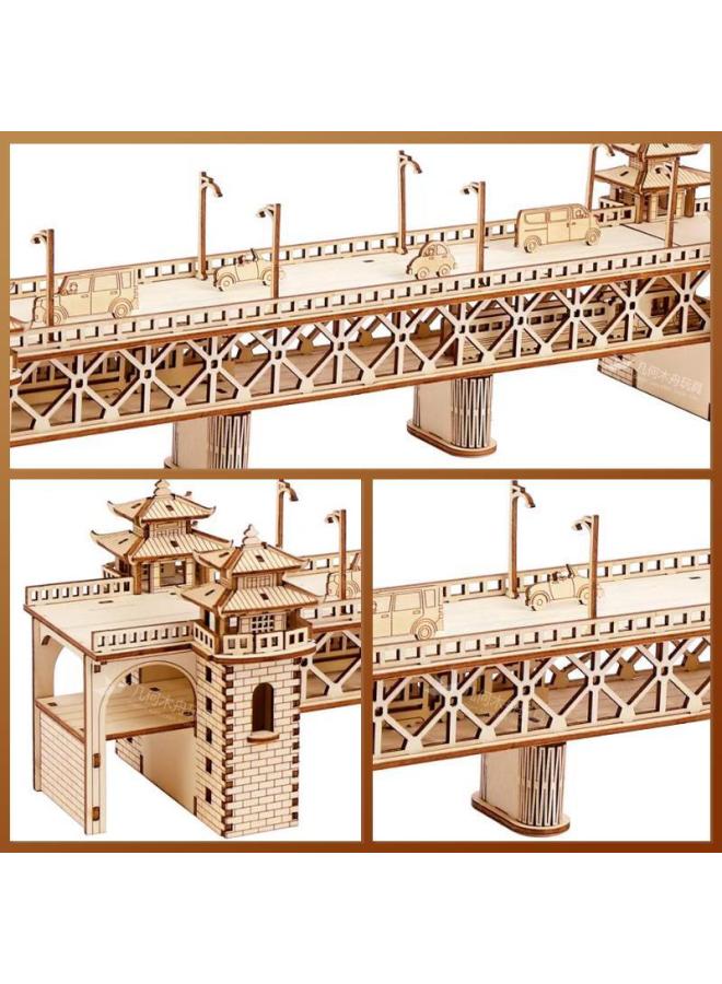 Wuhan Yangtze River Bridge Wooden 3D Stereo Assembled Bridge Building Model Wooden Children's Toys-Color:Wuhan Yangtze River Bridge + Tools + 2m Decorative Warming Lamp  - Image 4