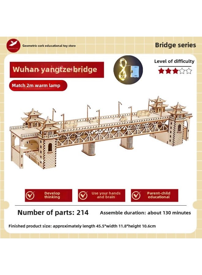 Wuhan Yangtze River Bridge Wooden 3D Stereo Assembled Bridge Building Model Wooden Children's Toys-Color:Wuhan Yangtze River Bridge + Tools + 2m Decorative Warming Lamp  - Image 1