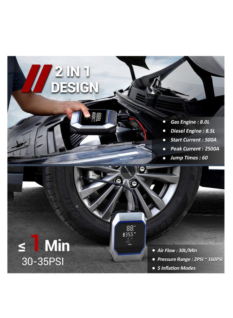 Excefore Car Jump Starter Power Pack, Digital Car Tyre Pump 160 PSI, Preset Tyre Pressure & Auto Shutoff, Car Battery Booster, Safe Car Jumper with Large LCD Display, Emergency Light, Intelligent Charges - Image 2