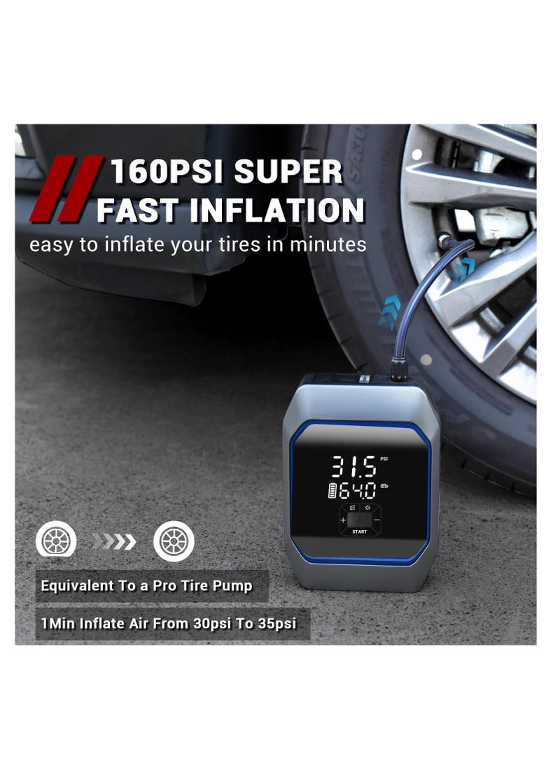 Excefore Car Jump Starter Power Pack, Digital Car Tyre Pump 160 PSI, Preset Tyre Pressure & Auto Shutoff, Car Battery Booster, Safe Car Jumper with Large LCD Display, Emergency Light, Intelligent Charges - Image 3