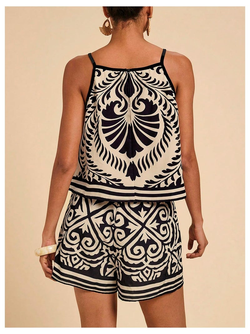 MakeMeChic Women's 2 Piece Sets Beach Vacation Tropical Tank Tops and Shorts Boho Summer Outfits Black Small - Image 2