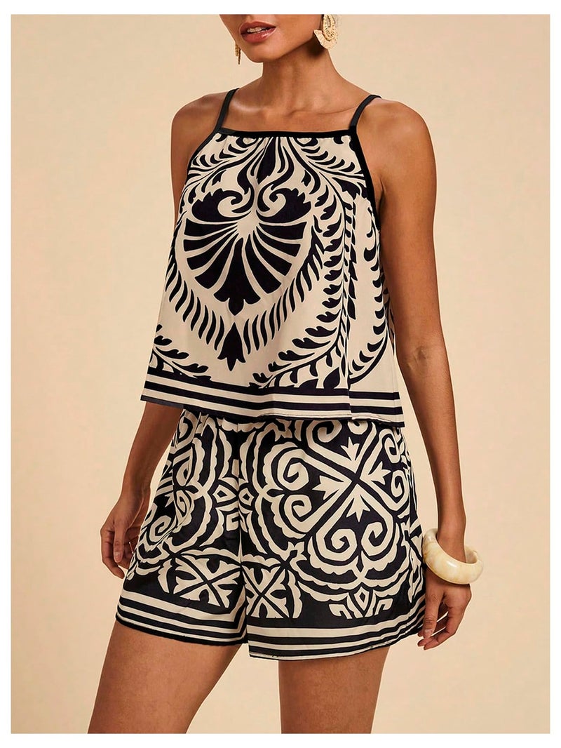 MakeMeChic Women's 2 Piece Sets Beach Vacation Tropical Tank Tops and Shorts Boho Summer Outfits Black Small - Image 3