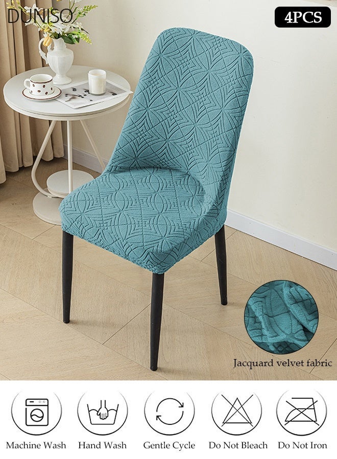 DUNISO 4 Pack Stretch Jacquard Dining Chair Slipcover, Teal Blue Durable Removable Elastic Chair Cover for Kitchen Banquet - Image 1