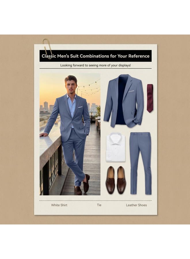 Lynerun Mens Slim Fit 2 Piece Suit Two Button Notched Lapel Solid Suit Jacket Pants Set Tuxedo for Prom, Denim Blue, 5XL - Image 4