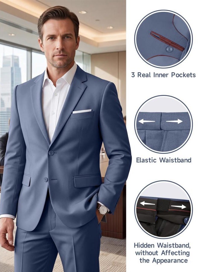 Lynerun Mens Slim Fit 2 Piece Suit Two Button Notched Lapel Solid Suit Jacket Pants Set Tuxedo for Prom, Denim Blue, 5XL - Image 2