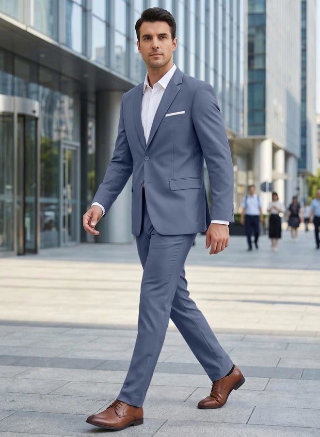 Lynerun Mens Slim Fit 2 Piece Suit Two Button Notched Lapel Solid Suit Jacket Pants Set Tuxedo for Prom, Denim Blue, 5XL - Image 5