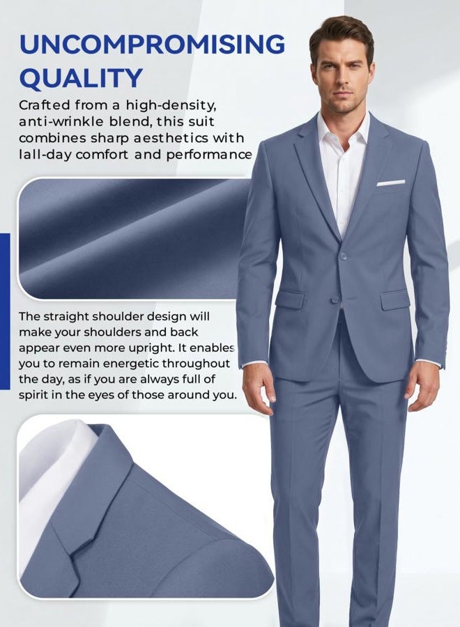Lynerun Mens Slim Fit 2 Piece Suit Two Button Notched Lapel Solid Suit Jacket Pants Set Tuxedo for Prom, Denim Blue, 5XL - Image 3