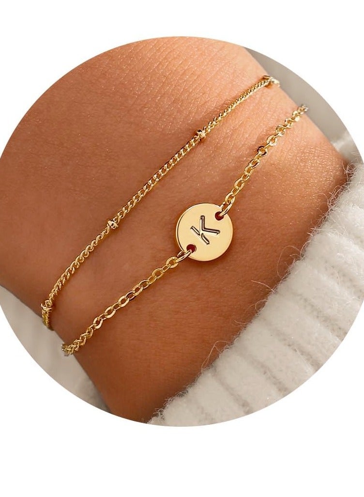 Gold Initial Bracelets for Women Girls - Dainty 16K Gold Plated Layered Beaded Letter Initial Bracelet Personalized Disc Monogram Bracelet Gold Bracelets for Women Teen Girl Gifts Trendy Stuff - Image 1