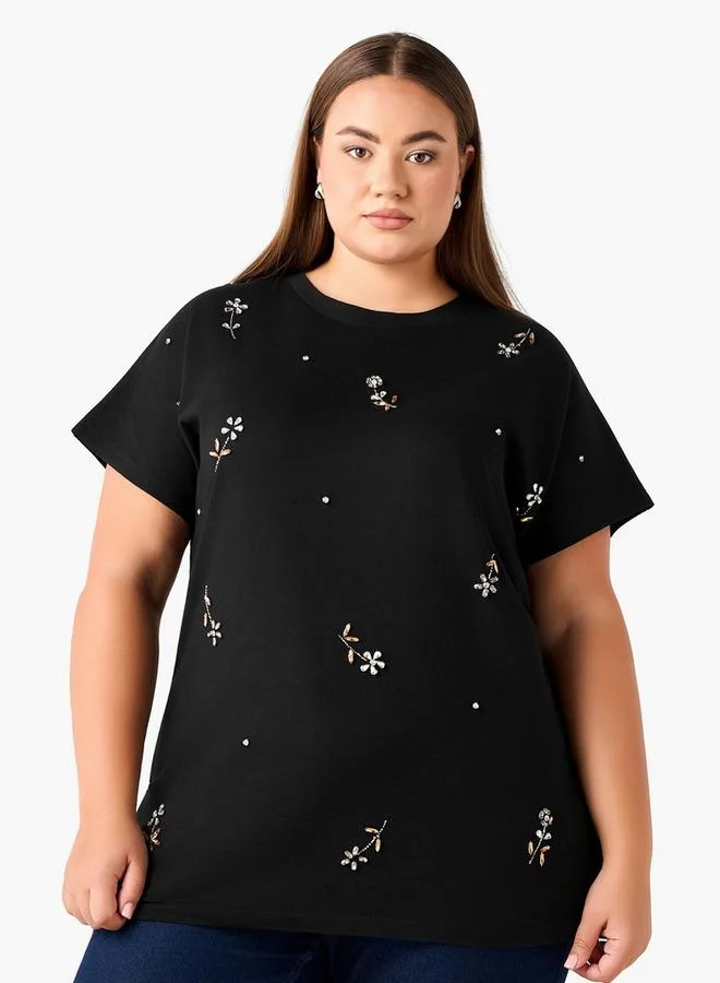  أولا بوبكن Ulla Popken Relaxed Fit Cotton T-shirt with Embellishment