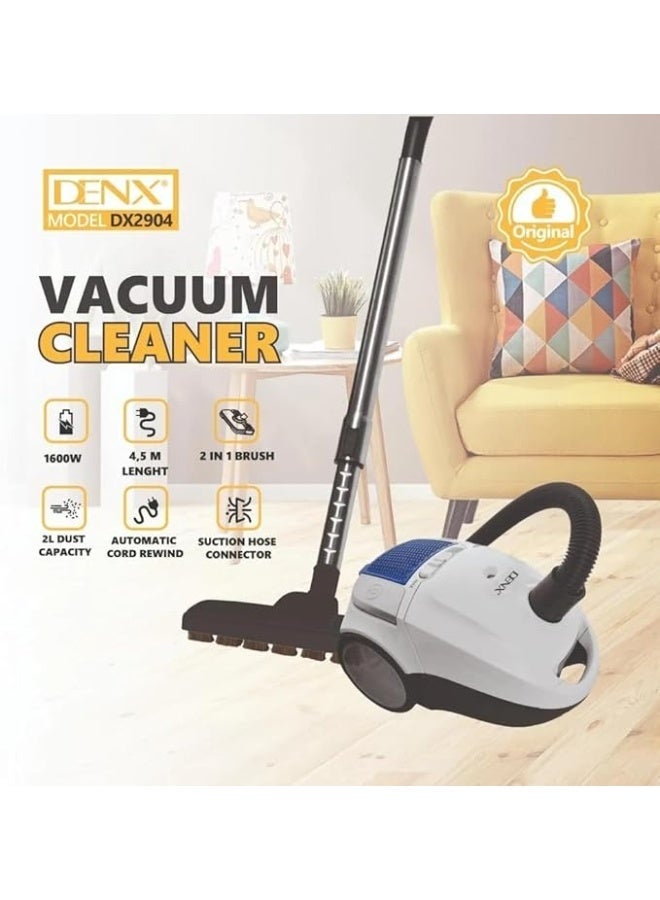 Denx DX2904 Vacuum Cleaner 1600W Powerful Suction ,2L Dust Capacity , Automatic Cord Rewind , 4.5M Length , 2-in-1 Brush, Original Home Cleaning - Image 2