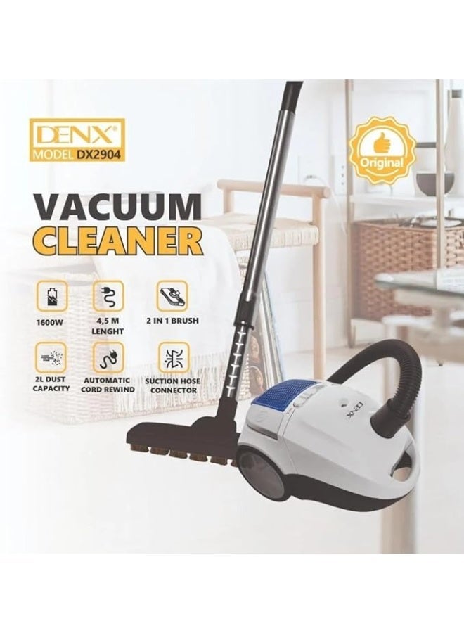 Denx DX2904 Vacuum Cleaner 1600W Powerful Suction ,2L Dust Capacity , Automatic Cord Rewind , 4.5M Length , 2-in-1 Brush, Original Home Cleaning - Image 3