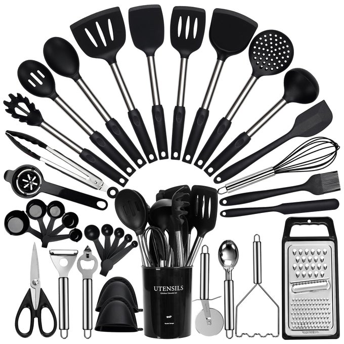 LARGE COOKING UTENSILS SET 35 PCS KITCHEN UTENSILS SET WITH HOLDER SILICONE SPATULA SET WITH STAINLESS STEEL HANDLE WHISK BASTING BRUSH KITCHEN GADGETS FOR NONSTICK COOKWARE BLACK