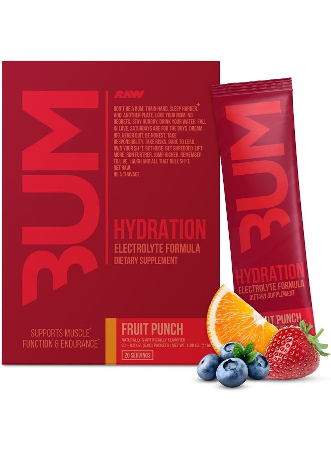 RAW Electrolytes Powder Hydration Drink Mix Packets, BUM Hydrate (Fruit Punch, 20 Servings) - Electrolyte Hydration Packets Supports Muscle Function & Endurance - Keto Free Electrolytes Powder Packets - Image 1