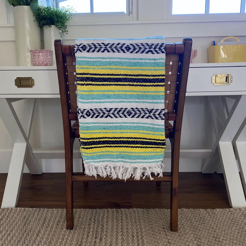 Del Mex Classic Mexican Blanket, Large Authentic Woven Falsa Throw (70"x50"), Artisan Southwest Décor for Beach, Yoga, Outdoors (Mint/Yellow) - Image 5