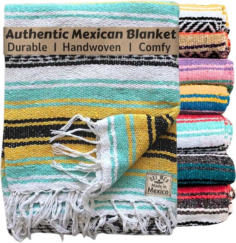 Del Mex Classic Mexican Blanket, Large Authentic Woven Falsa Throw (70"x50"), Artisan Southwest Décor for Beach, Yoga, Outdoors (Mint/Yellow) - Image 1